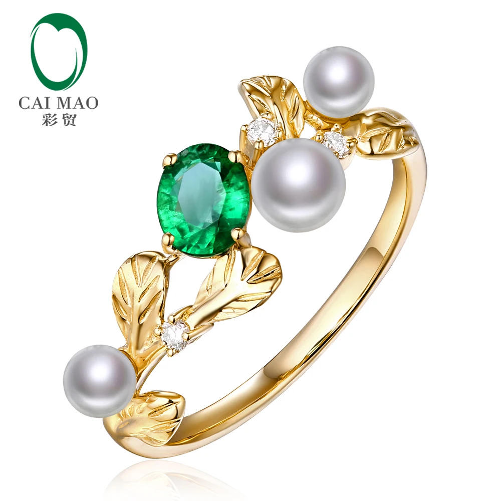 Caimao 14k Yellow Gold Natural 0.32ct Emerald with Pearl & Diamond Vintage Design Engagement Wedding Ring