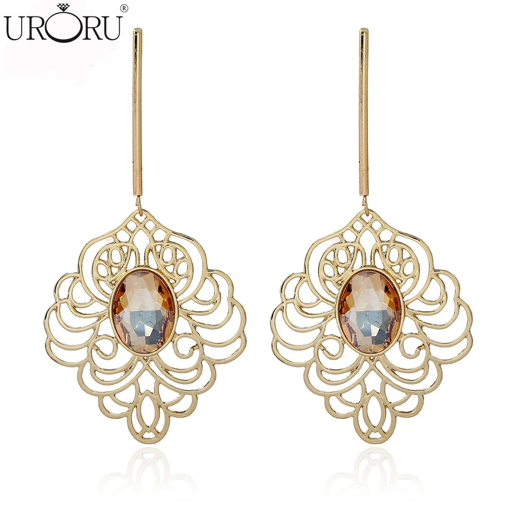 Fashion Jewelry Long Drop Earrings Pattern and hollow Simple Elegant Crystal bohemian Women Wedding Earring | Украшения и