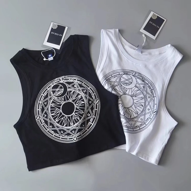 

Sexy Sleeveless Tank Crop Tops Vest Fitness Vest New Summer Women Star Moon Letter Print Cotton O-neck Slim Tops Woman Clothes