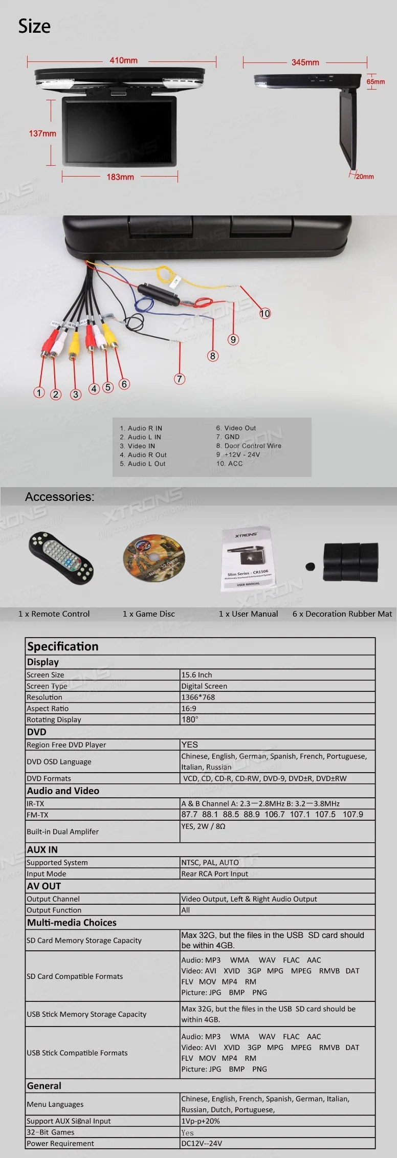 Excellent XTRONS HDMI 15.6" HD 1080P LCD Car Roof Mount Flip Down DVD Player Monitor Game Video USB 5