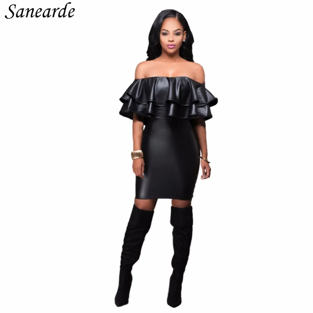 2017 Women Off Shoulder Dresses Black Synthetic Leather Bandge Club