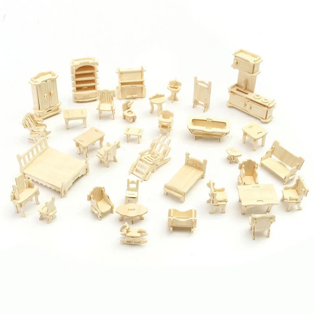 

2018 New 34 Pcs/Set 3D Wooden Miniature Puzzle Dollhouse Furniture Model Mini Puzzle Toys for Children Gift