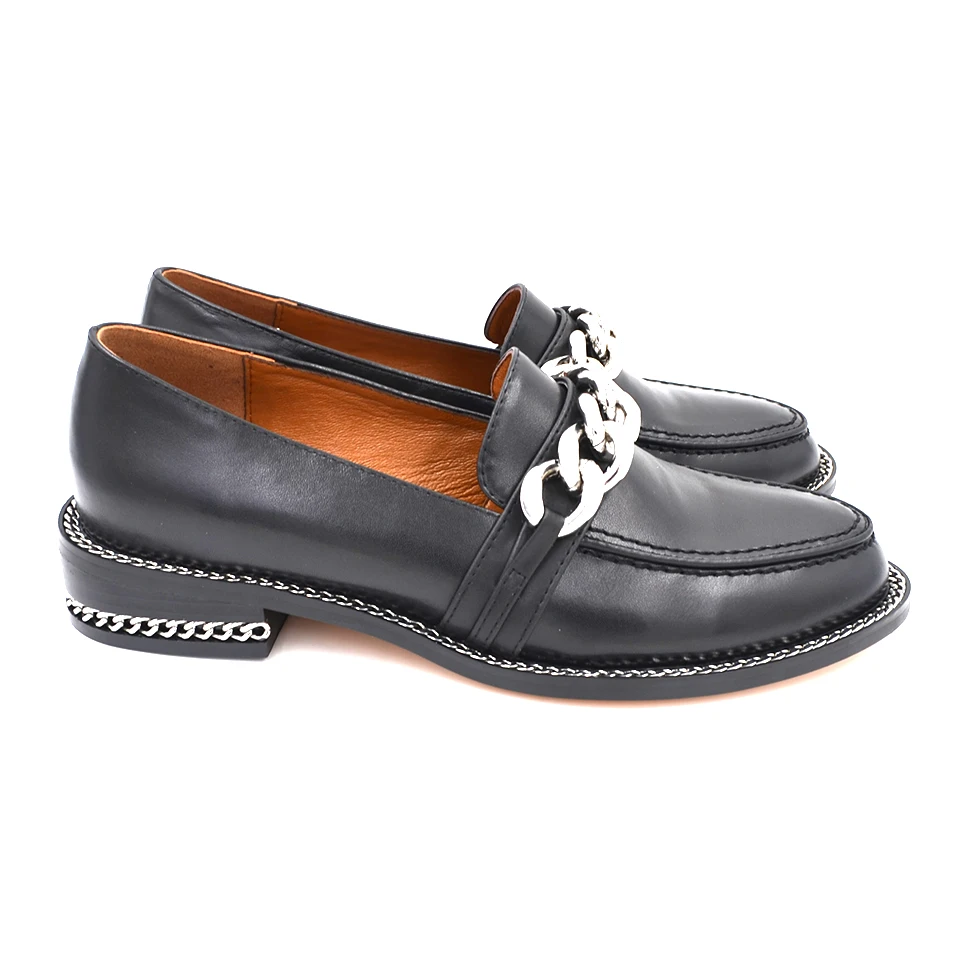 2018-Black-Genuine-leather-Silver-Metal-Chains-Flat-Shoes-Women-Square-low-heel-Round-toe-Slip