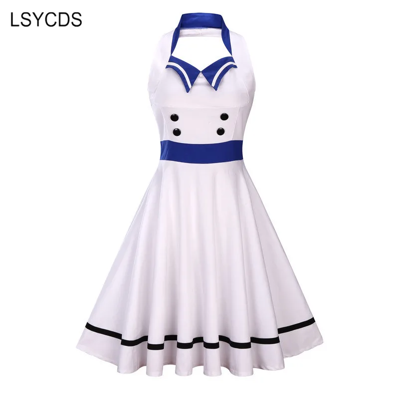 

LSYCDS 2018 Ladies White Sleeveless Vintage Dress Halter Patchwork 50s 60s Slim Big Swing Retro Casual Party Robe Women Dresses
