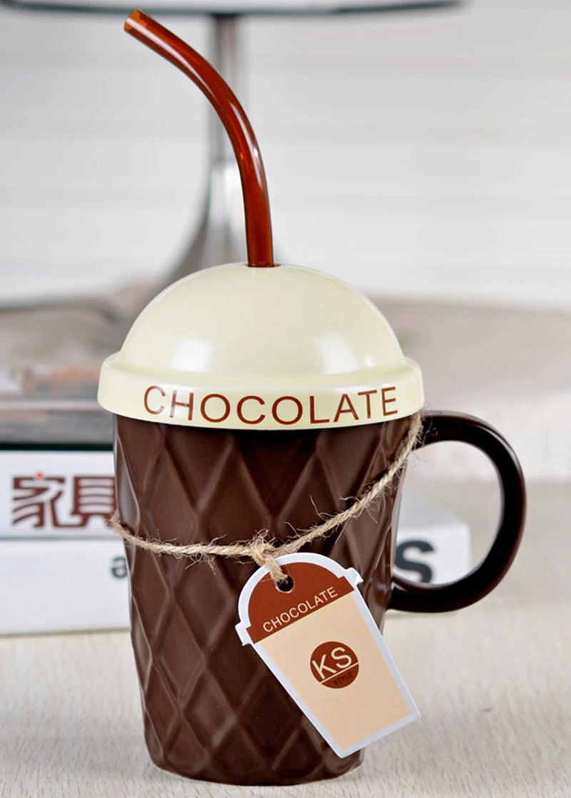 Image New personality creative chocolate ceramic cup, with straw cream cups cup, coffee milk breakfast relief cup