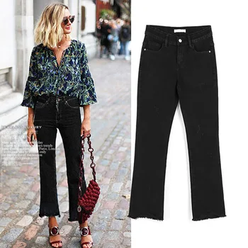 

2018 Spring New Arrival Euramerican Women' Jeans Hole Plus Size Fake Zippers Nine Points Pants Pockets Flare Pants