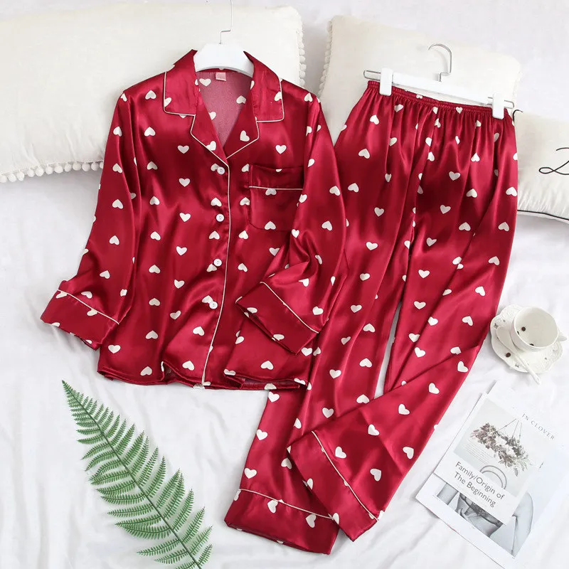 Женская пижама с длинными штанами с длинным рукавом, шелковая свободная сексуальная пижама, атласная пижама с принтом в виде сердца, шелковое ночное белье, пеньюар, наборы - Цвет: Красный