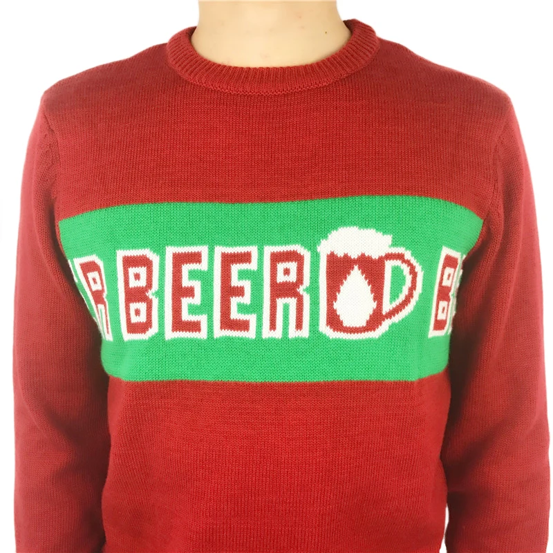 Funny Knitted Beer Pattern Elbow Patched Crewneck Sweater for Men St. Patrick's Day Oktoberfest Christmas Knit Pullover Jumper