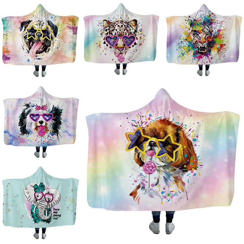 

Fashion Watercolor Graffiti Painting Animal Hoodie Blanket For Adult Kids Christmas Gift Warm Plush Fleece Hooded Blanket Cloak