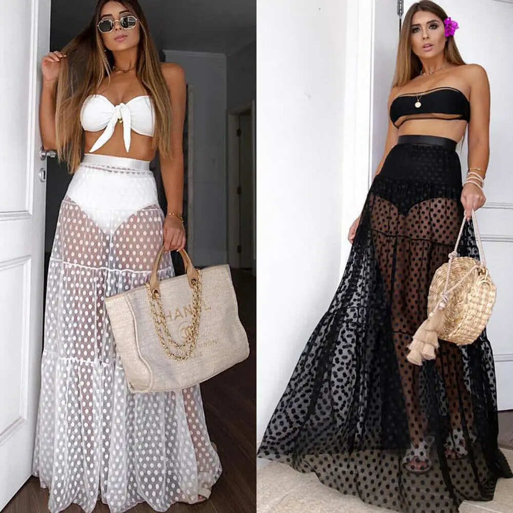 

2019 Fashion Women High Waist Dot Skirt Summer Mesh See Through Transparent Floor Length Skirt
