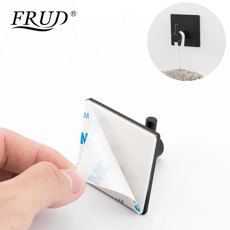 FRUD Modern Self Adhesive Hooks 4 pcs Stainless Steel Towel Robe Coat Cloth Bag Key Holder Hanger Heavy Duty Wall Mounted Black 