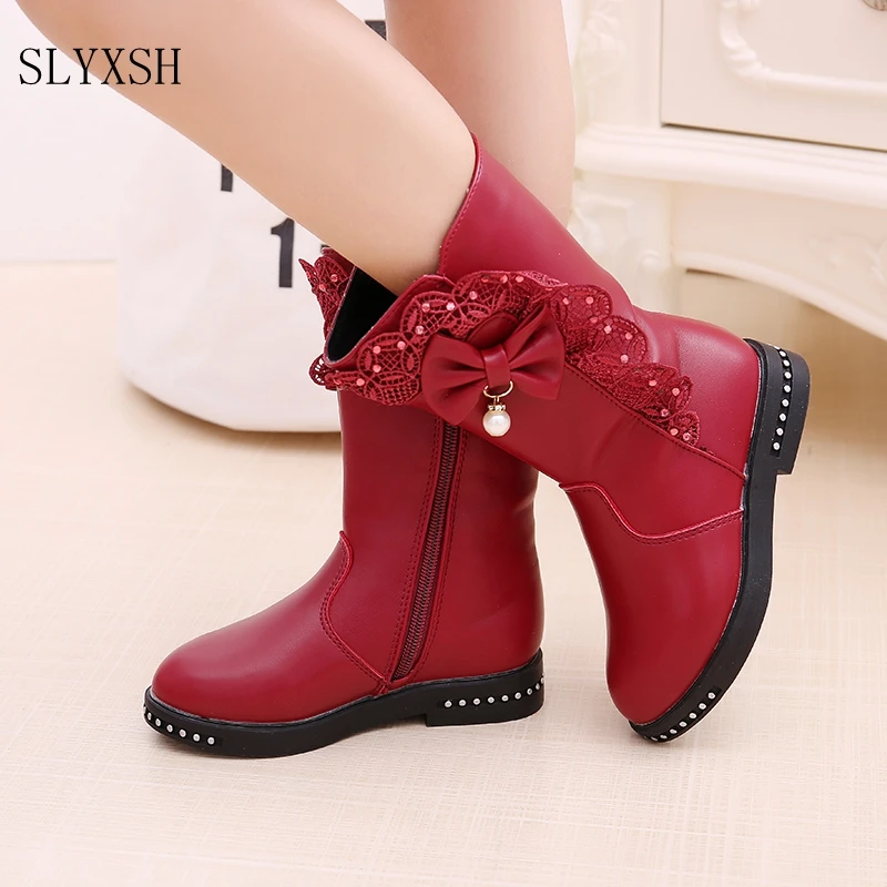 

SLYXSH Autumn Winter New Girls Fashion Boots Princess Rivets Pu Leather Boots Kids Butterfly Knot Shoes Fashion Long Boot