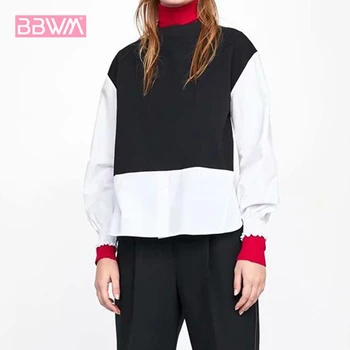 

Black white stitching shirt female long-sleeved head loose round neck wild fake two-piece shirt 2019 spring new Women's tops