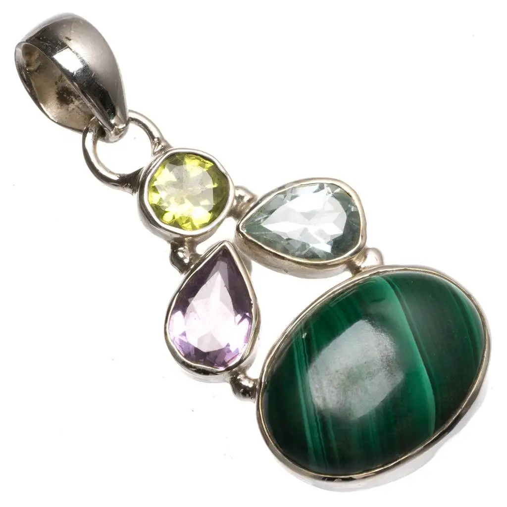 

Natural Malachite,Blue Topaz,Amethyst and Peridot Indian 925 Sterling Silver Pendant 1 1/2" T0087