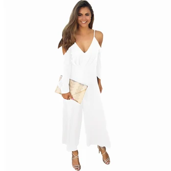 

Elegant Party Club Women Jumpsuits Red Wine Blue White Loose Full Length Wide Leg Pants Off-shoulder Rompers Deep V-neck Overall