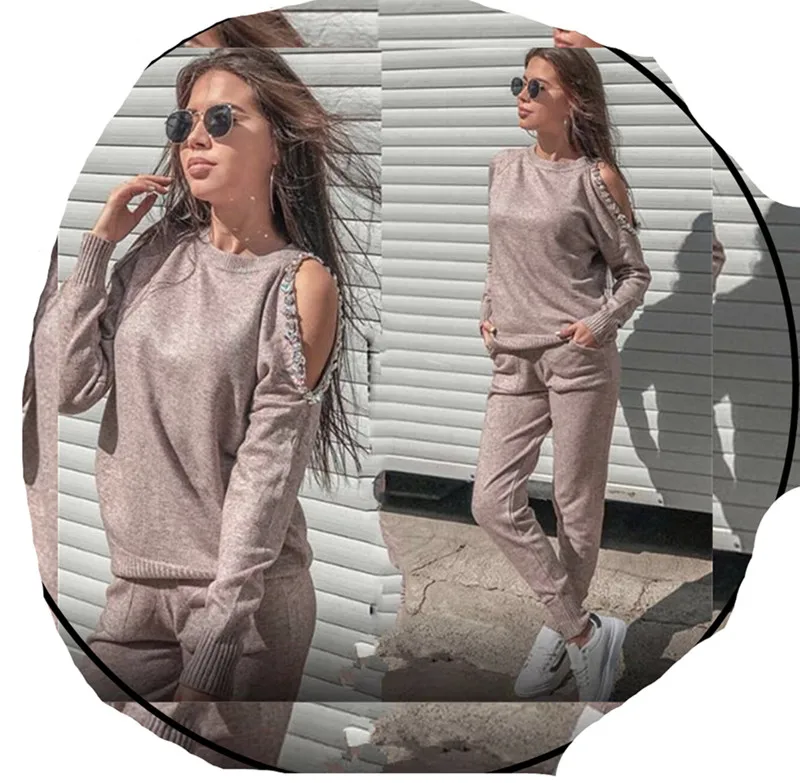 

women's tracksuit Knitting suits 2 Pieces Sets Sparkly Rhinestones Off Shoulder sweater and pants 2 piece outfits for women