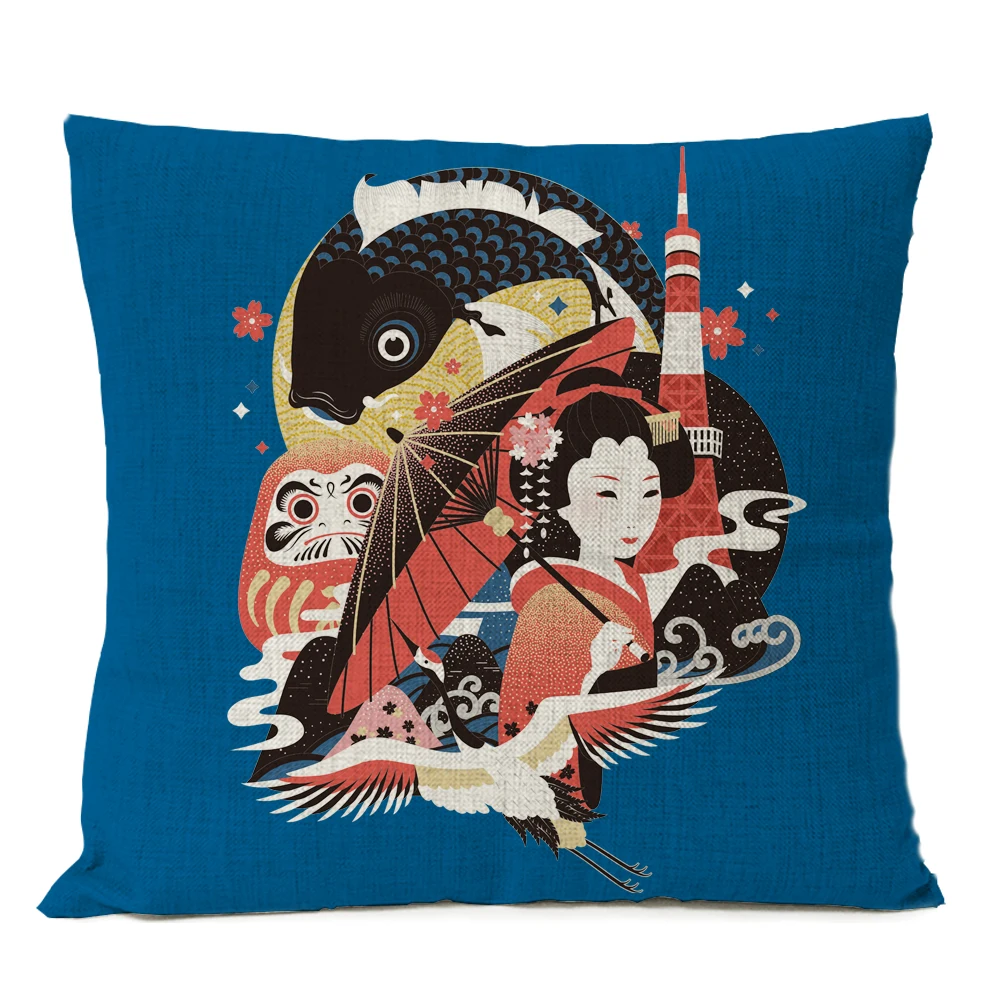 Japanese Fuji Cherry Cushion Cover Home Decorative Pillows Japan Ukiyo-e Wave Pillow Cover Linen Pillow Case Cojines Almofada - Цвет: 09