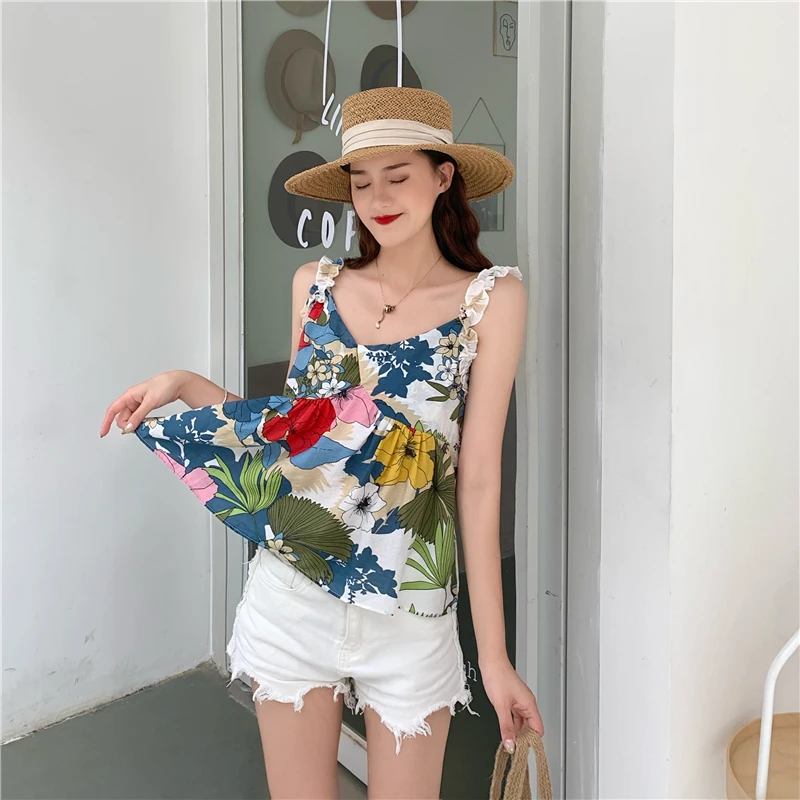 prairie chihc print Women's Clothing 2019 Tanks Camis off shoulder top crop top adorable Simple moda feminina top women short