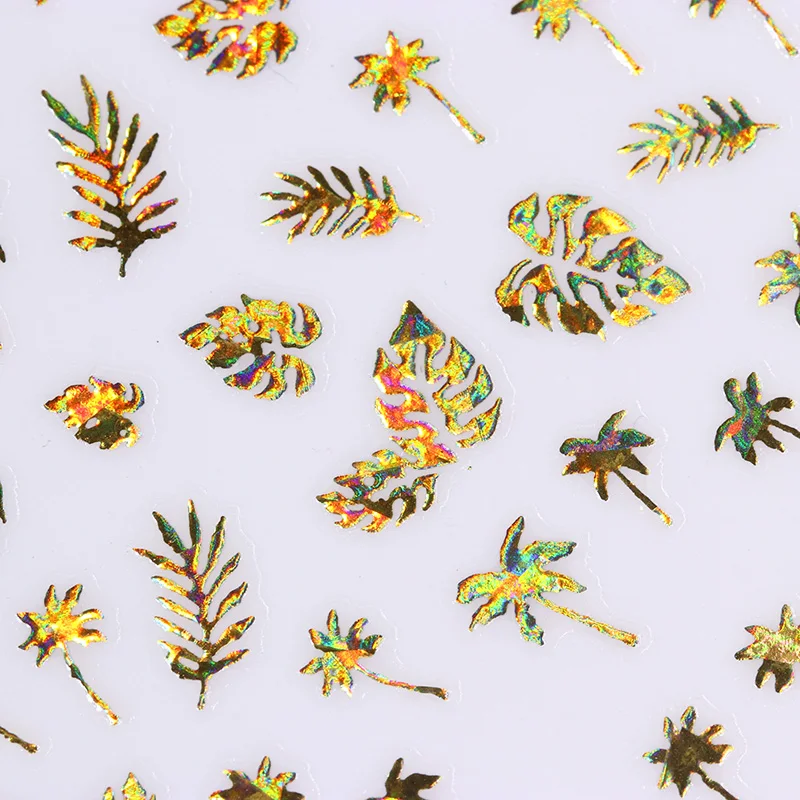 1 лист голографический Золотой Серебряный 3D стикер для ногтей Кокосовое Дерево лист клей накладные ногти наклейки для дизайна ногтей DIY Дизайн украшения