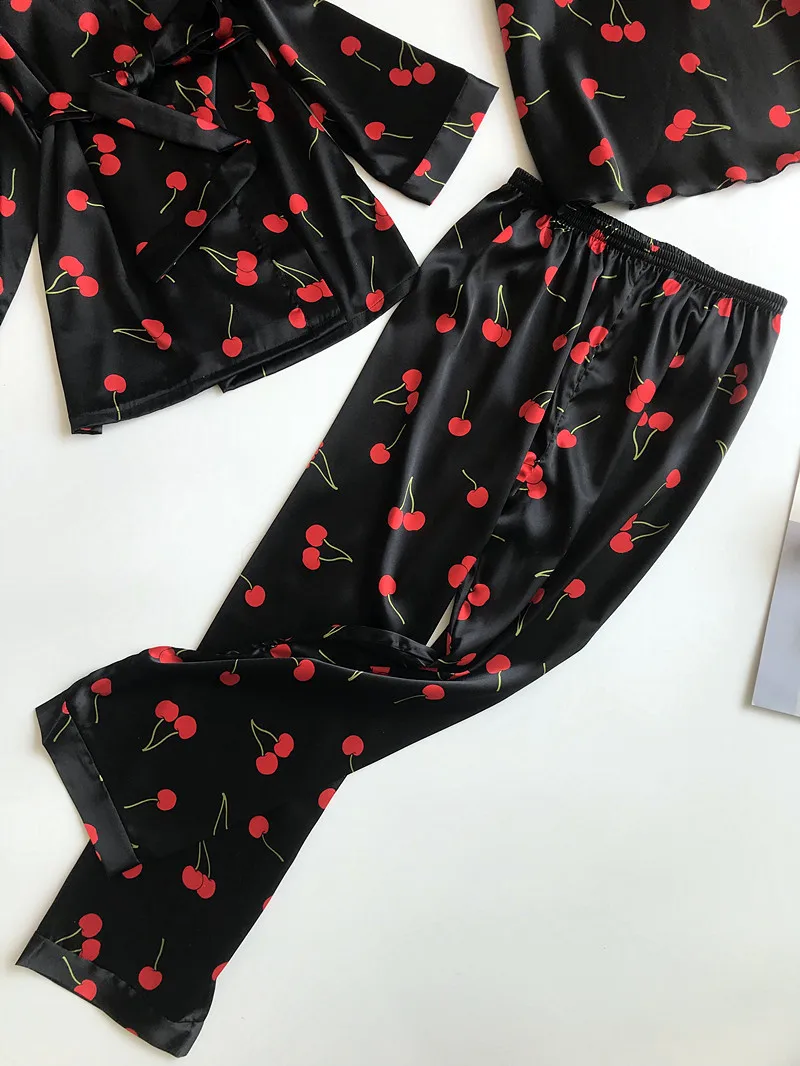Fdfklak сексуальное розовое белье печати шелковые пижамы для женщин комплект Сезон: весна-лето pijama mujer комплект из 3 предметов femme Q1502