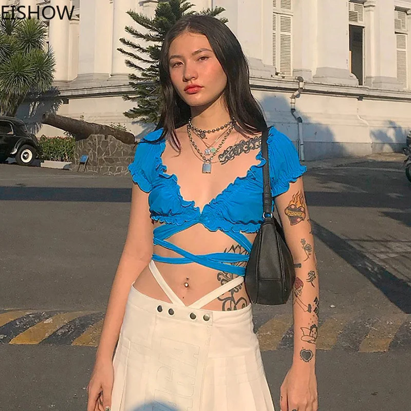 

EISHOW Summer Casual Tee Ladies Street Wear Solid Sexy V Neck Bandage Cross Bandage Crop Tops T-shirt 2019 French Style Clothing
