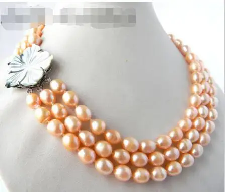 

FREE SHIPPING HOT sell new Style >>>>> 3Strands 18'' 9MM Pink Rice Freshwater Pearl Necklace