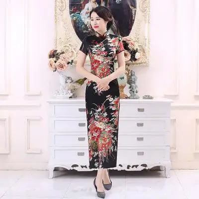 Plus Size 6XL Chinese Women Cheongsam Lady Qipao BLACK Print Flower Long Dress Bride Wedding Dresses Elegant Gown Vestidos - Цвет: Black B