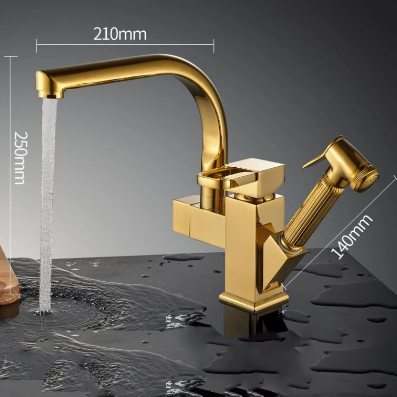360 Degree Rotation Kitchen Faucet Golden Polished Sink