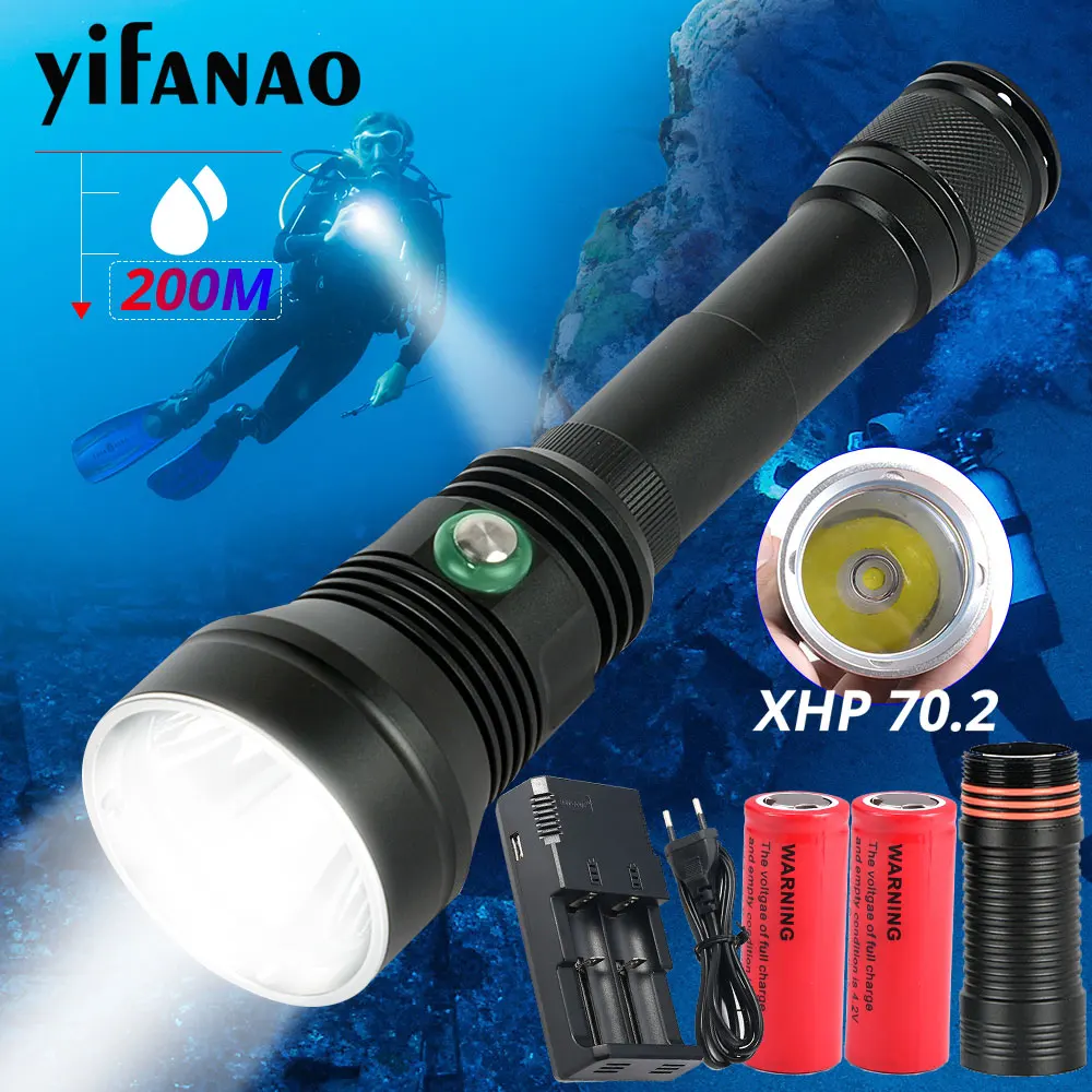 

7000Lums High Power Diving Flashlight Scuba XHP70.2 Professional LED Underwater Torch 200m 26650 IPX8 Waterproof Dive Lamp