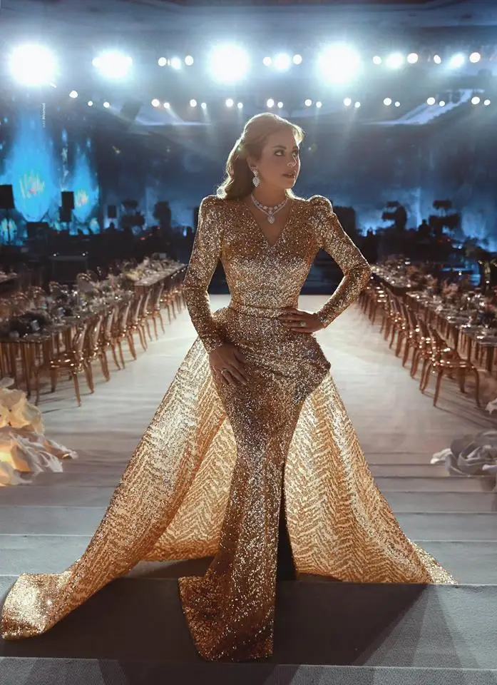 

Bling Bling Gold Evening Dresses With Detachable Train 2019 Long Sleeves Prom Gowns Mermaid Celebrity Formal Dress