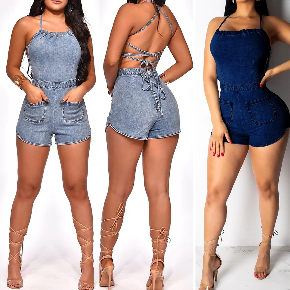 

2 Colors Women's High Waist Sexy Elastic Casual Spaghetti Sling Denim Romper Sexy Jumpsuit with Pocket Bandage Jumpsuit S-2XL