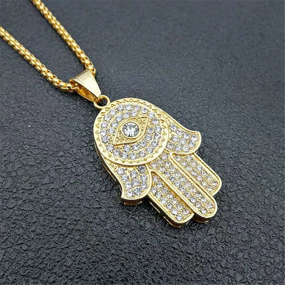 Мужская и Женская Ручная подвеска Hamsa of Fatima Золотая из нержавеющей стали со льдом