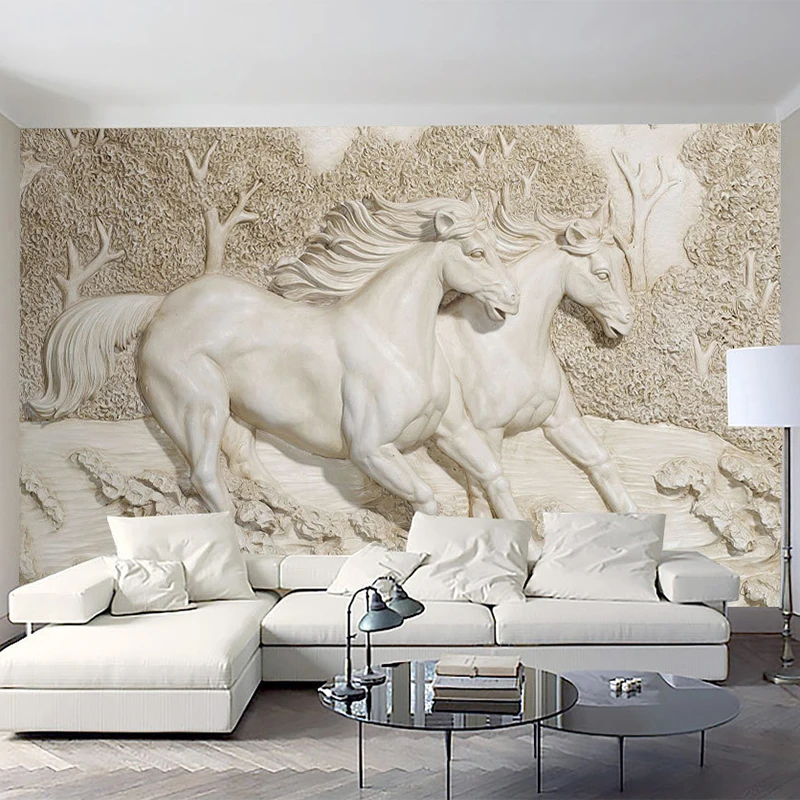 Пользовательские Настенные обои 3D стерео рельеф Белая лошадь фото настенные фрески классическая гостиная ТВ фон домашний декор настенные картины