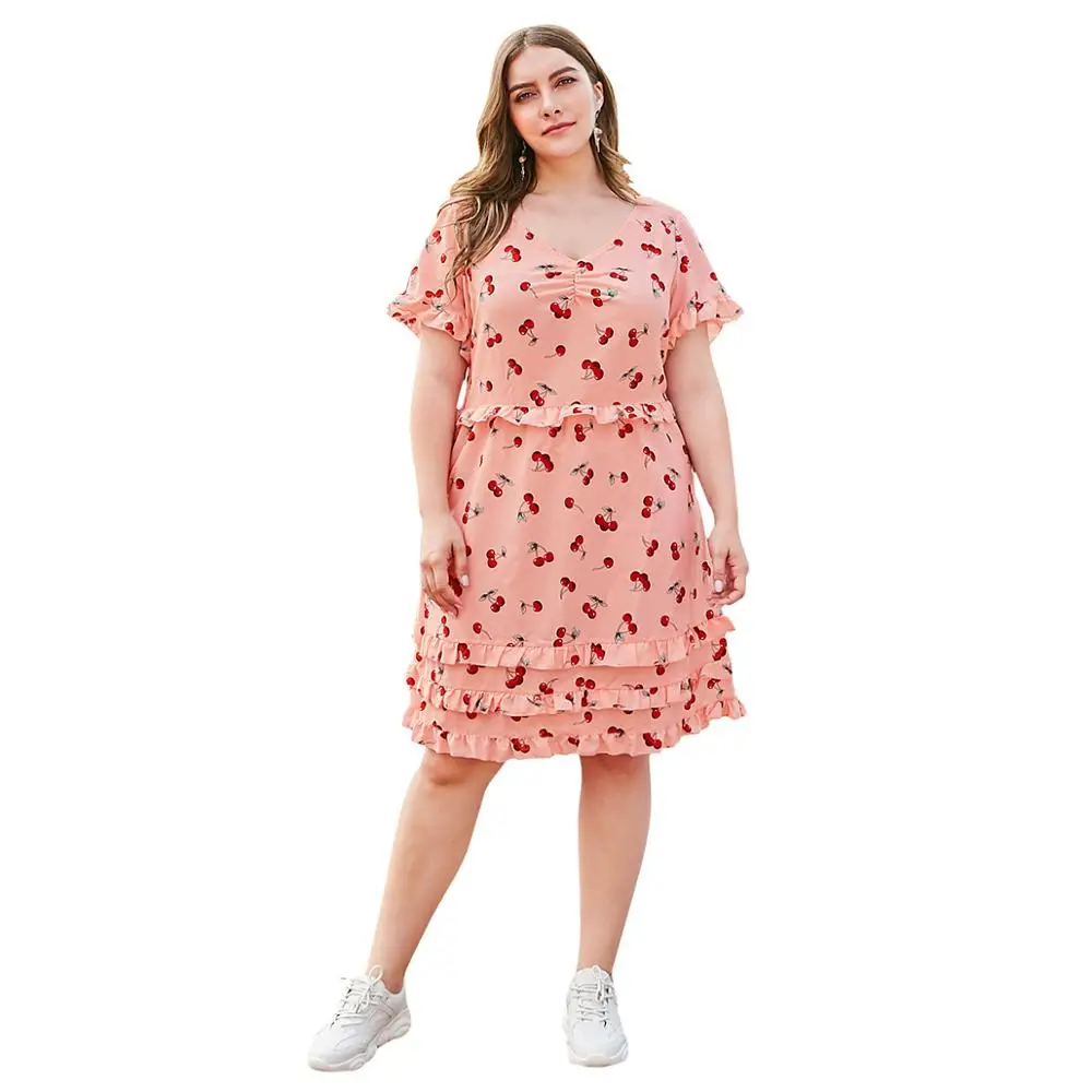 

WHZHM Plus Size 3XL 4XL Cherry Printed Dress Women V-Neck A-Line Party Beach Patchwork Pink Summer Vestidos Ruffles Dress Ladies