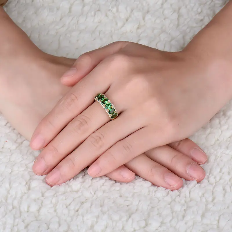 Твердые 14 К желтого золота натуральный зеленый камень цаворит юбилей кольцо настоящий бриллиант ювелирные украшения для женщин подарок