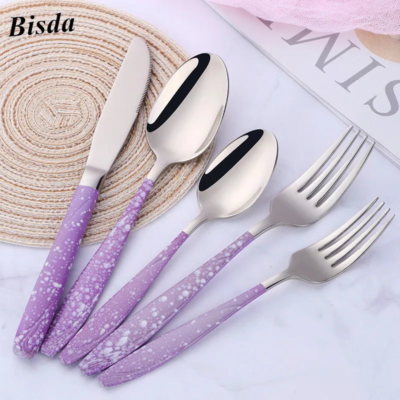 

5 PCS Dinner Set Western Luxury Dinnerware Set Stainless Steel Fresh Colors Silver Pink Tableware Dining Kit Tools Wedding Party