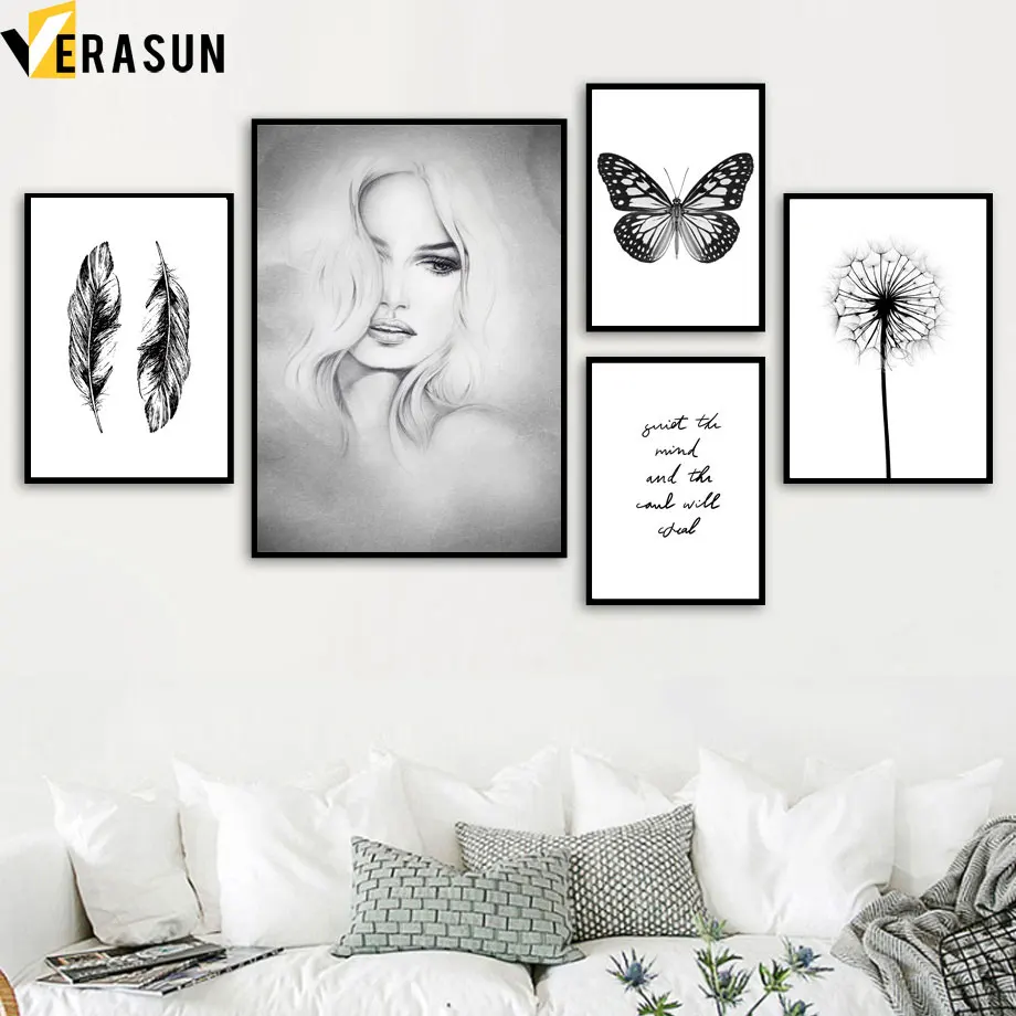 

Sketch Girl Butterfly Dandelion Feather Wall Art Canvas Painting Nordic Posters And Prints Wall Pictures For Living Room Decor
