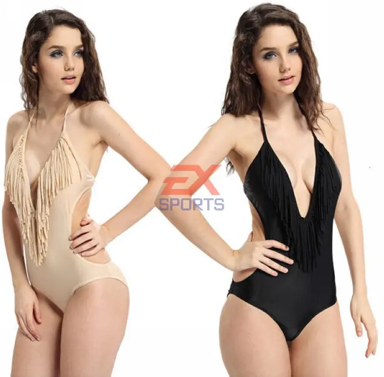 Set of Push-up Padded V-neck Fringe Piece Swimsuit Tassel Bikini Conjoined Swimsuit Swimwear (8)
