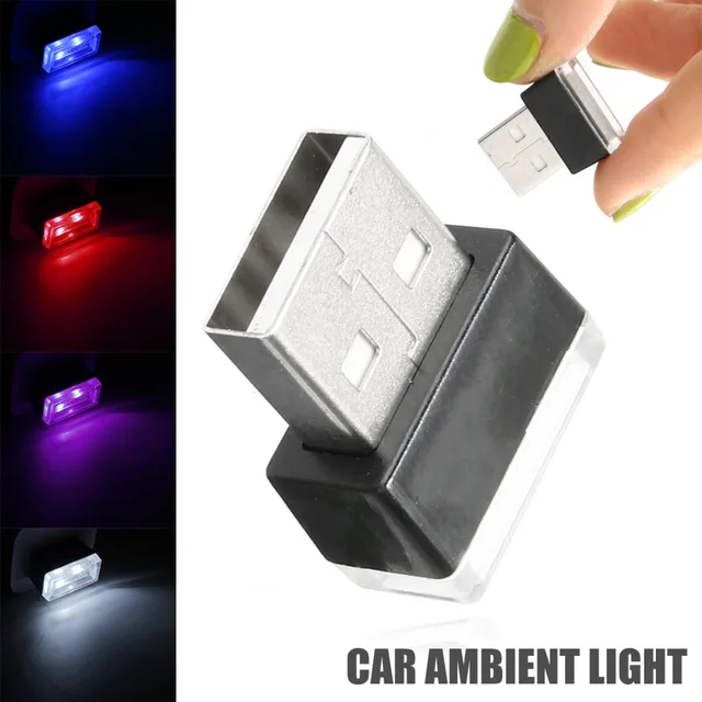 1 unidad Mini USB LED luz Interior del coche neón atmósfera lámpara de ambiente rojo púrpura blanco azul Color