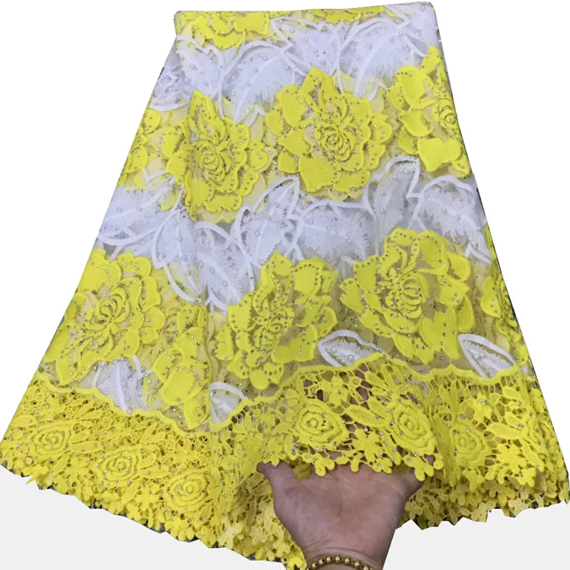 

( 5yards/pc) Gorgeous embroidered African French net lace fabric yellow and white 2018 with lots of stones beads for party FLV04