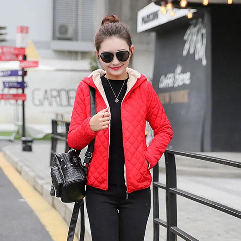 Однотонная черная красная короткая зимняя Женская Базовая куртка Осенняя тонкая флисовая женская куртка с капюшоном Повседневная Верхняя одежда casaco feminino - Цвет: RED