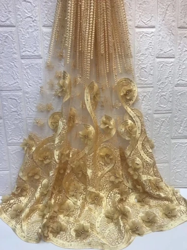 3D African Flower Embroidered Tulle Lace Pearls Fabric 2019 High Quality with beads for Wedding WZH117 | Дом и сад
