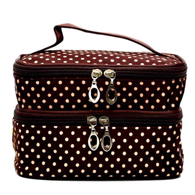 Portable Double Layer Cosmetic Storage Bag Fashion Women Small Dots