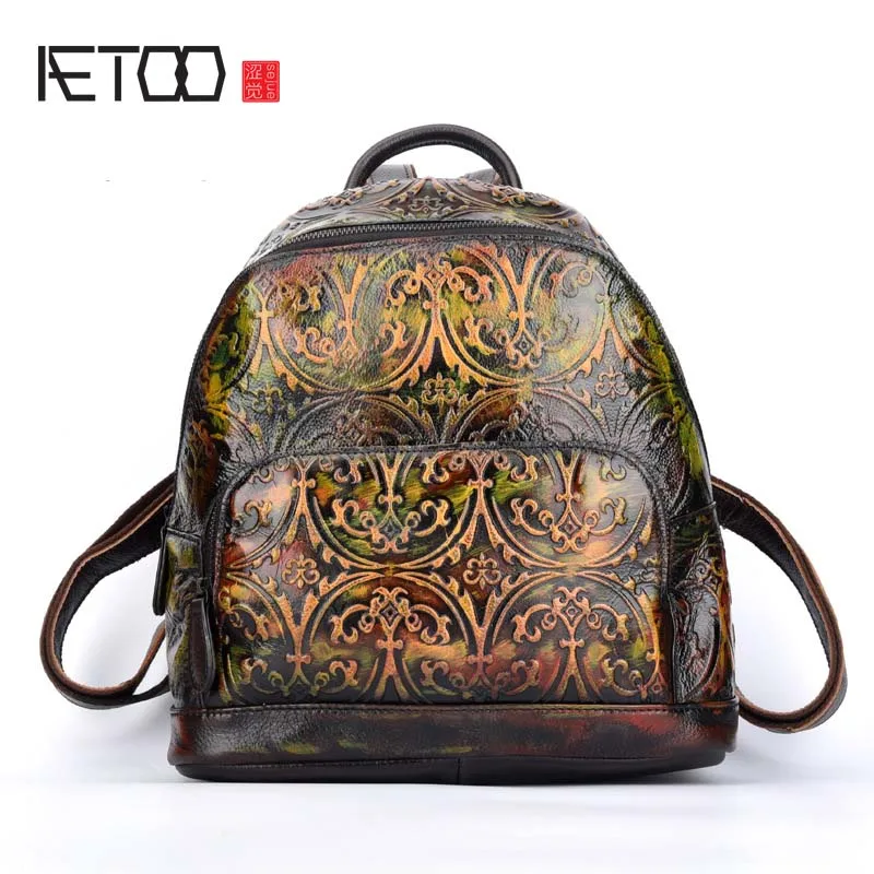 AETOO Handmade wiping vintage Embossed backpack women real leather