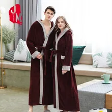 Удлиненные Зимние халаты, пара теплых коралловых флисовых халатов для женщин и мужчин, фланелевые халаты до лодыжки с капюшоном, кимоно, банный халат, Халат