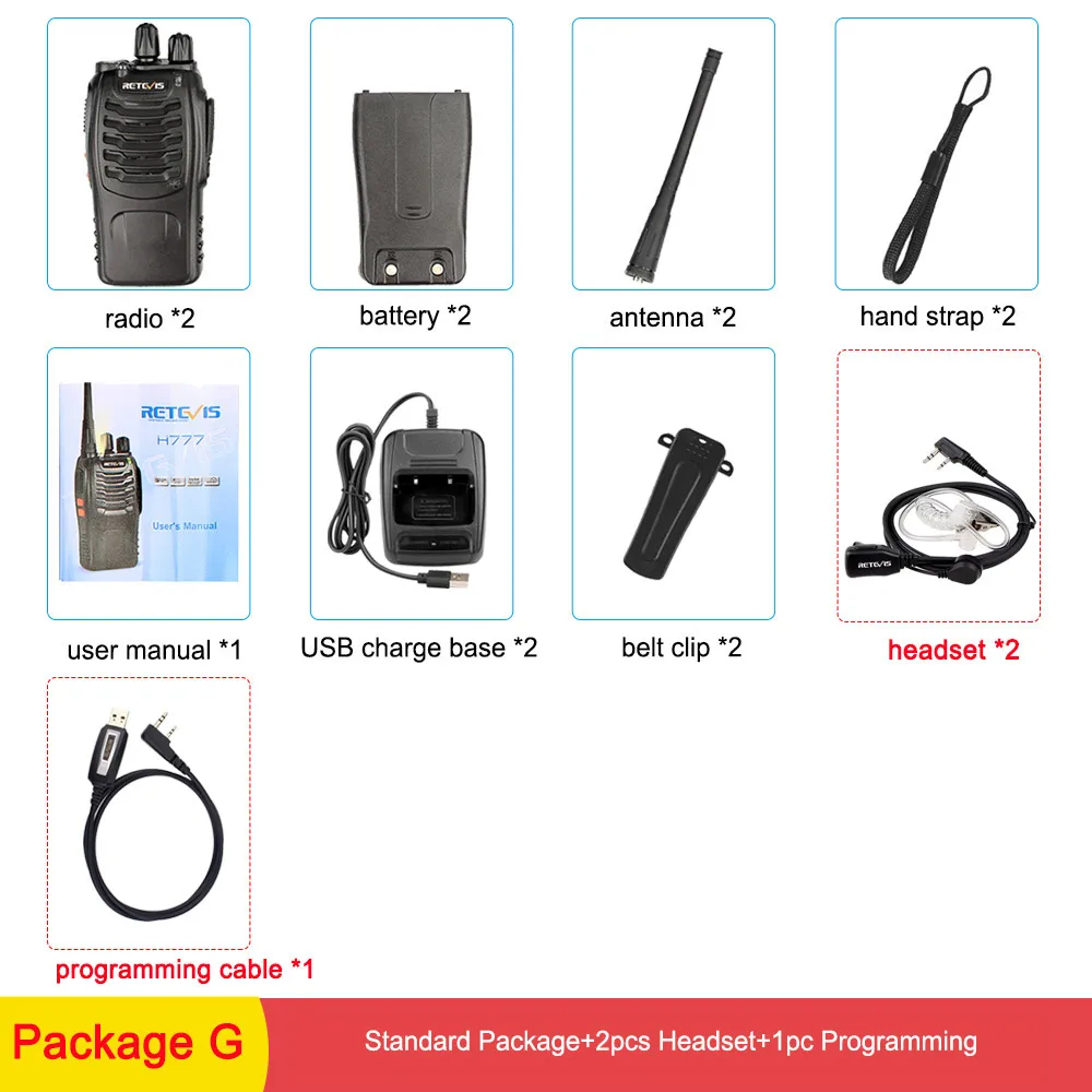 Package G 2 шт. RETEVIS H777 Walkie Talkie 3 Вт УВЧ двухсторонняя радиостанция приемопередатчик двухстороннее радио-коммуникатор зарядка через usb рация - Цвет: Package G