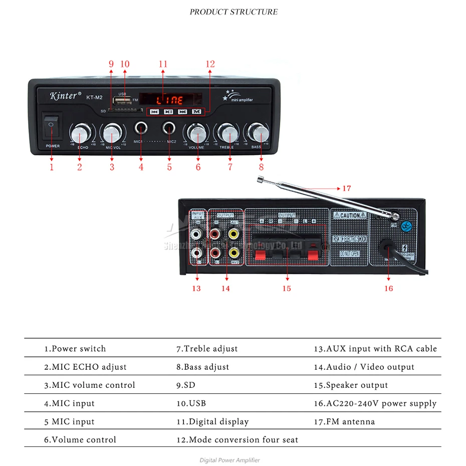 Усилитель мощности Kinter KT-M2 цифровой аудио видео плеер 2x25 Вт Hi-Fi стерео 2x микрофон бас USB SD MP3 FM DC12V 220-240 в караоке MP4