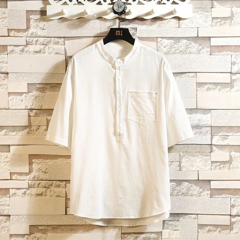 Men's Clothes Half Sleeve Shirt Stand Collar Men Short Chinese Style Japan Solid Casual | Мужская одежда