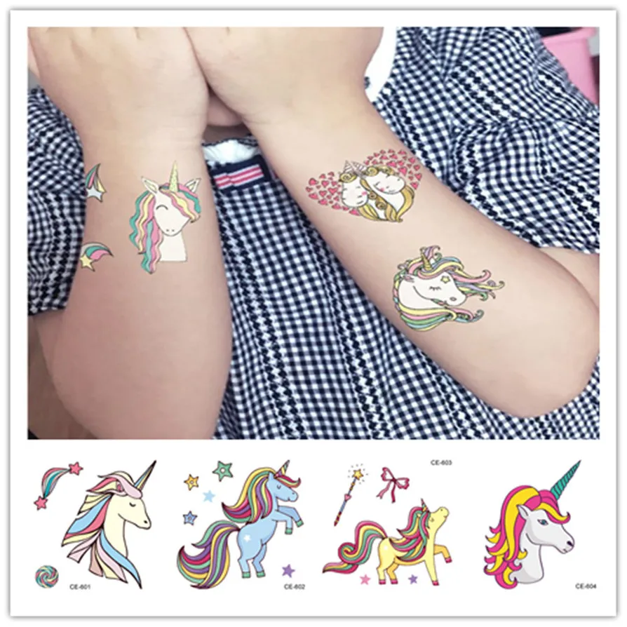 

HOT Colorful Cartoon Unicorn Tattoo Temporary Tattoo Sticker Rose Flower Tatoo Body Art Tattoo Girl Fake Tattoo Love Heart Style