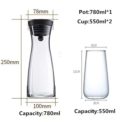 780ml1200ml1800mlбольшая емкость, толстые стеклянные кастрюли для холодной воды, жаропрочные взрывозащищенные соки, кувшин для воды, чайники - Цвет: f 780ml